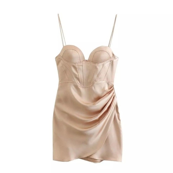 Zara Beige Rose Corset Satin Effect Drapped Party Coctail Bridal Mini Dress - Picture 12 of 13